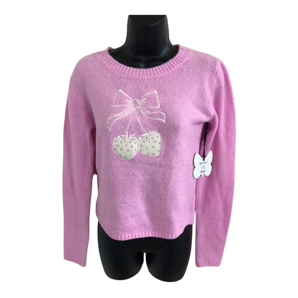 Pink & embroidered white bow white strawberry textured crewneck sweater size XL‎